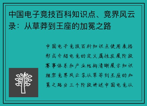 中国电子竞技百科知识点、竞界风云录：从草莽到王座的加冕之路